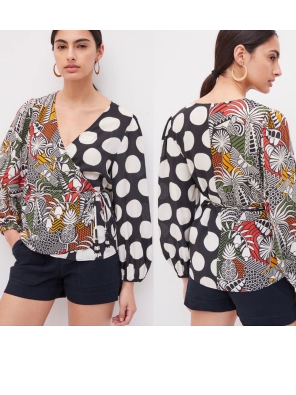 FARM Rio Black & White Mixed Print Wrap Blouse with Multi Color Botanical Panels